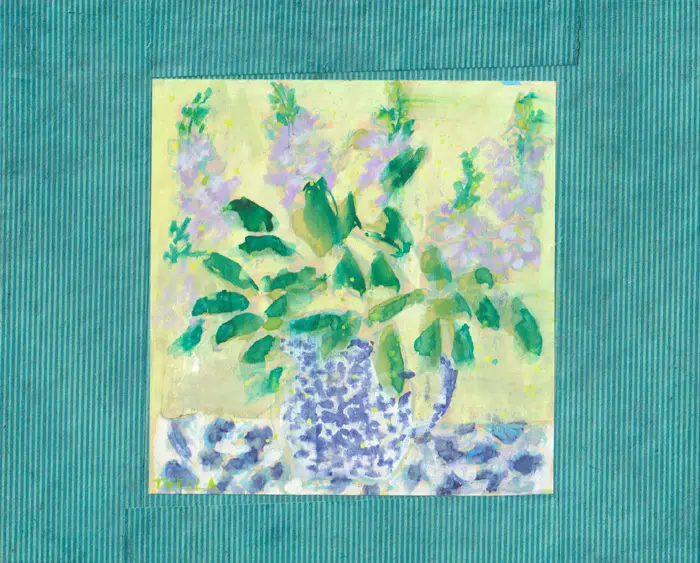 Thecla Renders, zomer zonder tijd 5 (lila violieren), Mixed media on panel, 21x26 cm, €. 150,-