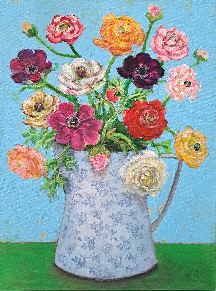 Vilma van den Berg, Anemoon en ranonkel, 395 euro, Acrylic on canvas in wooden frame, 40x30 cm