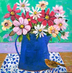 Vilma van den Berg, Blauwe kan Cosmea, 425 euro, Acrylic on canvas in wooden frame, 40x40 cm