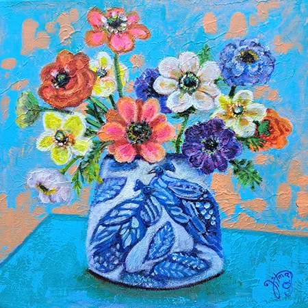 Vilma van den Berg, Boeket in pot, 395 euro, Acrylic on canvas in frame, 40x40 cm