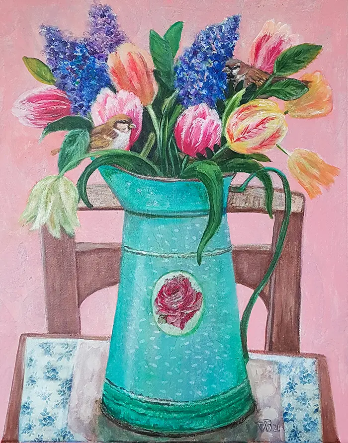 Vilma van den Berg, Boeket met mussen, Acrylic on canvas in wooden frame, 50x40 cm, €.395,-