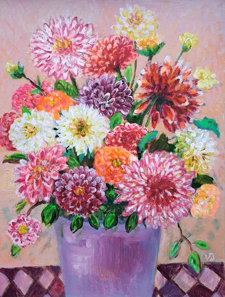 Vilma van den Berg, Dahlia's in paarse pot, 345 euro, Acrylic on panel in frame, 40x30 cm