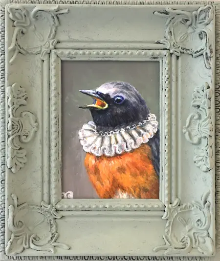 Vilma van den Berg, Gekraagde roodstaart, Acrylic on panel in wooden frame, 16x12 cm, €.175,-