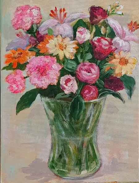 Vilma van den Berg, Goudsbloemen in kan, Mixed media on canvas in wooden frame, 40x30 cm, €.275,-