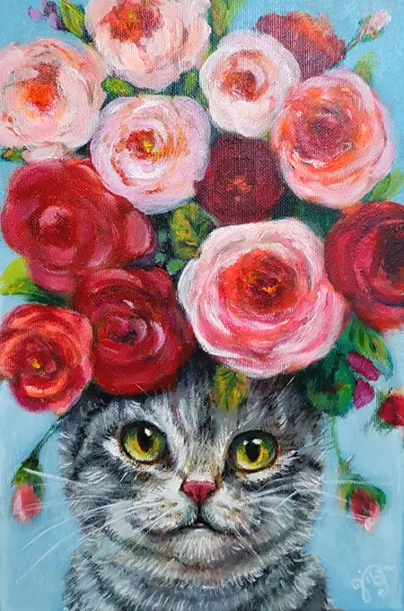 Vilma van den Berg, Grijs poesje met rood/roze rozen, Acrylic on canvas, 30x20 cm, €.245,-