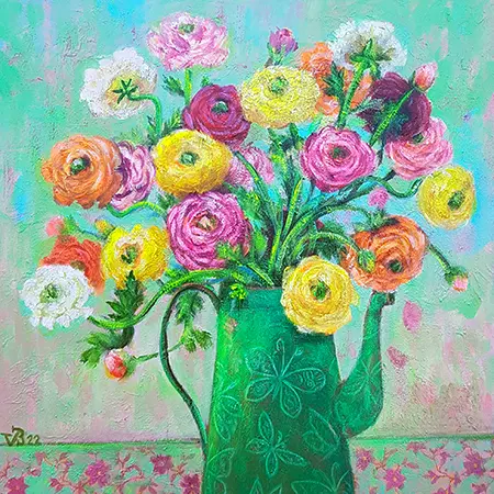Vilma van den Berg, Groene kan met ranonkels, 495 euro, Acrylic on canvas in wooden frame, 50x50 cm