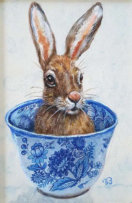 Vilma van den Berg, Haas in Delftsblauwe kom, 265 euro, Acrylic on canvas in wooden frame, 30x20 cm