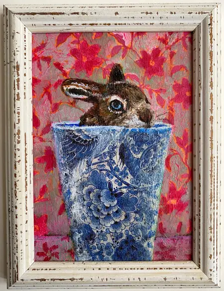 Vilma van den Berg, Haas in kopje, Mixed media on wood in frame, 18x13 cm, €.175,-