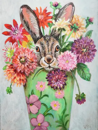 Vilma van den Berg, Haas in vaas met dahlia's, 345 euro, Acrylic on panel in wooden frame, 40x30 cm