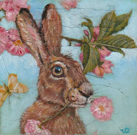 Vilma van den Berg, Haas met bloementak, Acrylic on wood, 15x15 cm, €.65,- euro