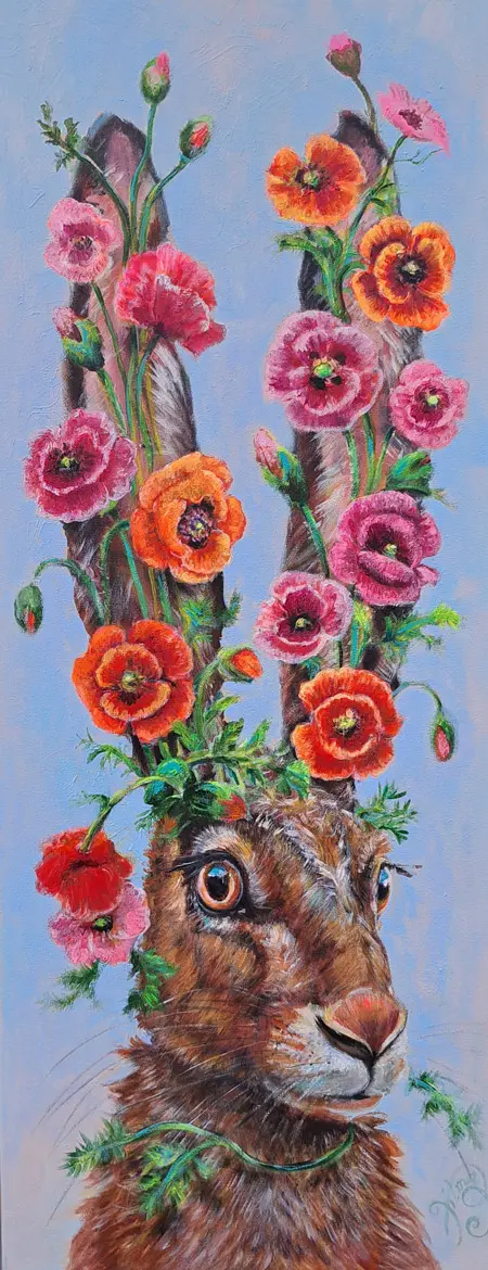 Vilma van den Berg, Haas met klaprozen, 1200 euro, Acrylic on canvas in wooden frame, 100x40 cm