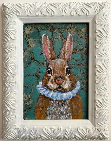 Vilma van den Berg, Haas met kraag 1, Mixed media on wood in frame, 15x10 cm, €.150,-