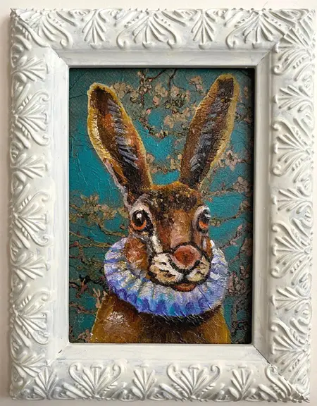 Vilma van den Berg, Haas met kraag 2, Mixed media on wood in frame, 15x10 cm, €.150,-