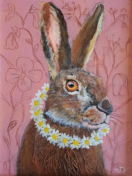 Vilma van den Berg, Haas met madeliefjes, 150 euro, Acrylic on panel in wooden frame, 20x15 cm