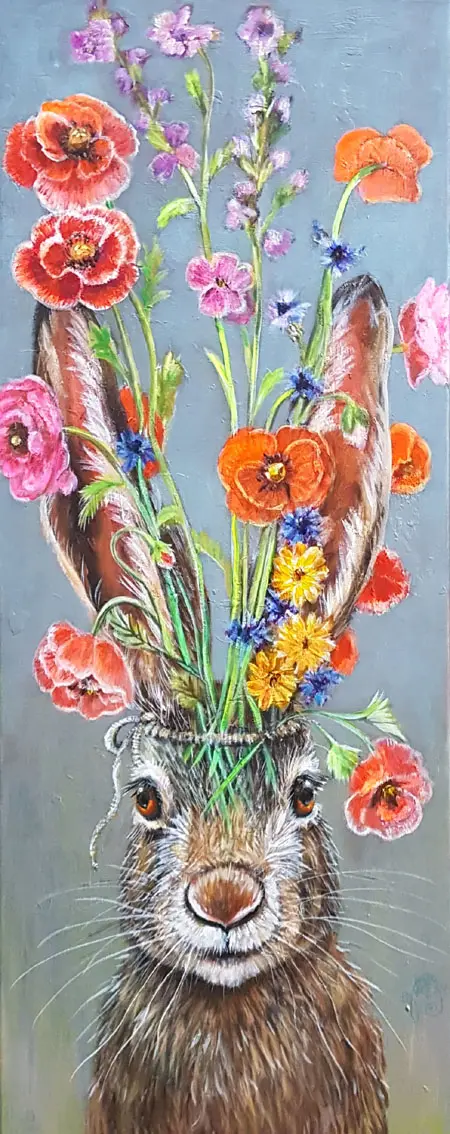 Vilma van den Berg, Haas met papavers, Acrylic on canvas in wooden frame, 100x40 cm, €.895,-