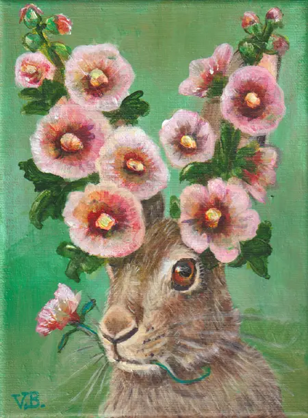 Vilma van den Berg, Haas met stokrozen, Acrylic on canvas, 24x18 cm, €.175,-
