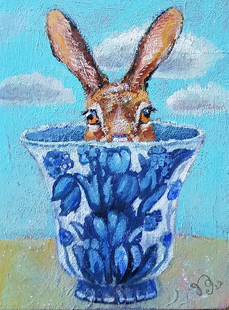 Vilma van den Berg, Haasje in vaasje, 175 euro, Acrylic on panel in wooden frame, 15x20 cm