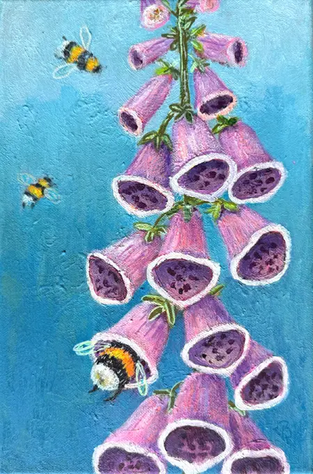 Vilma van den Berg, Hommel op vingerhoedskruid, 245 euro, Acrylic on canvas in wooden frame, 30x20 cm