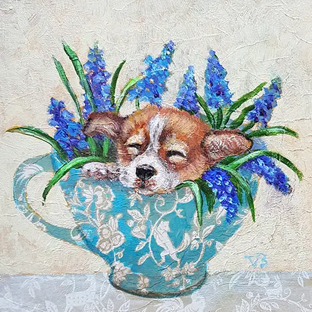 Vilma van den Berg, Hond in kopje blauwe druifjes, 225 euro, Acrylic on canvas in wooden frame, 20x20 cm