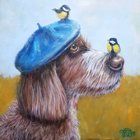 Vilma van den Berg, Hond met koolmeesjes, Acrylic on canvas, 40x40 cm, 395,-