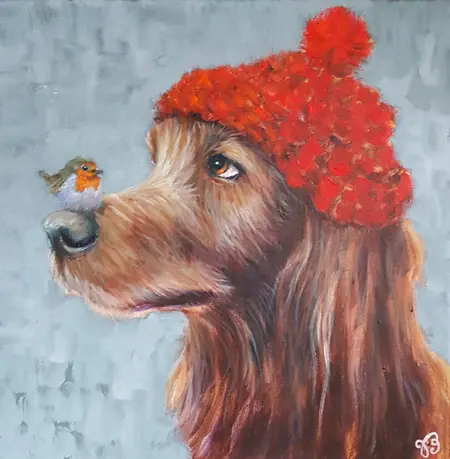 Vilma van den Berg, Hond met roodborstje, Acrylic on canvas, 40x40 cm, 395,-