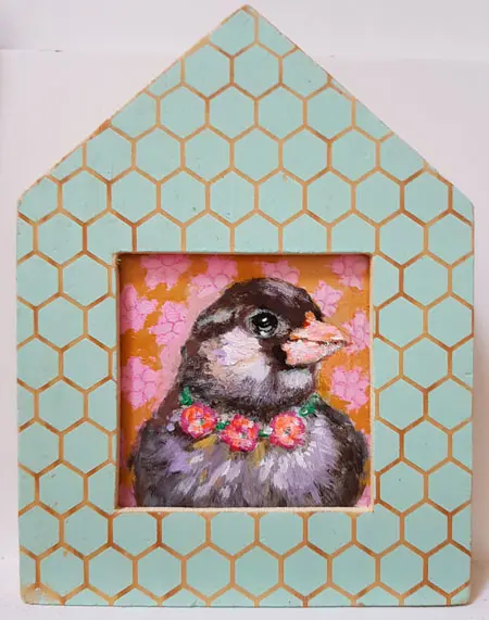 Vilma van den Berg, Huismus, Acrylic on wood in 'house' frame, 7x7 cm, €.75,-