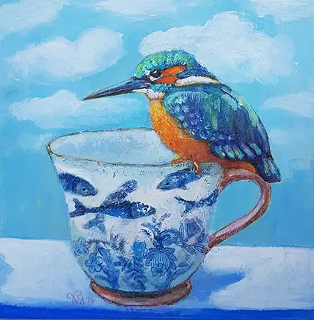 Vilma van den Berg, IJsvogel delfstblauw, 225 euro, Acrylic on panel in wooden frame, 20x20 cm