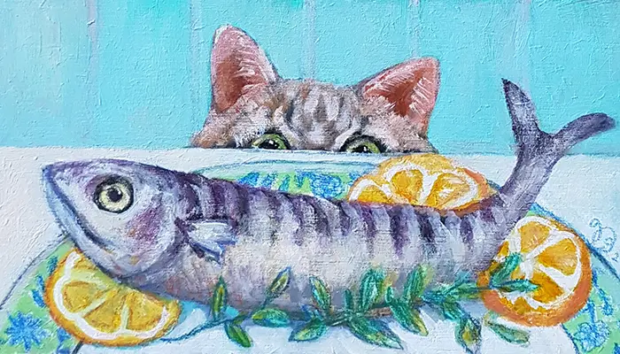 Vilma van den Berg, Kat en Makreel, 125 euro, Acrylic on panel, unframed, 10x20 cm