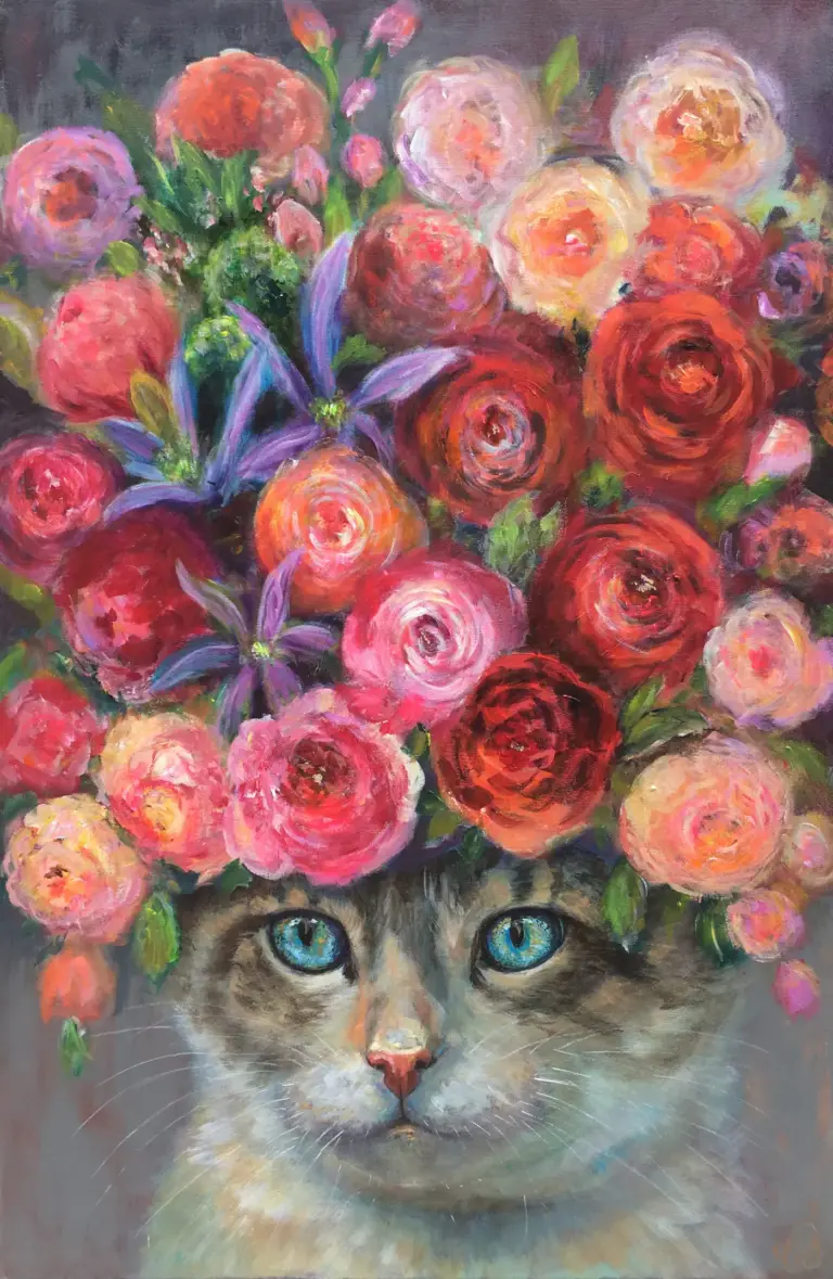 Vilma van den Berg, Kat met bloemen, Oil on canvas, 90x60 cm, €.895,-