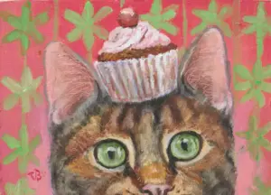 Vilma van den Berg, Kat met cupcake, 150 euro, Mixed media on wood in wooden frame, 18x13 cm