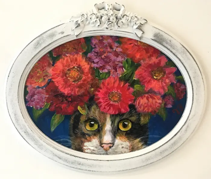 Vilma van den Berg, Kat met gerbera's, Acrylic on wood in frame, 22x30 cm, €.245,-