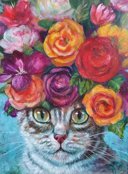 Vilma van den Berg, Kat met paars/gele rozen, Acrylic on canvas, 40x30 cm, €.375,-