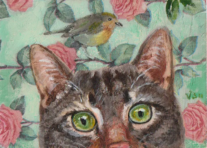 Vilma van den Berg, Kat met roodborstje, Acrylic on panel in wooden frame, 13x18 cm, €.175,-