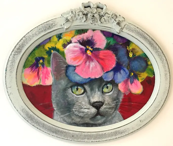 Vilma van den Berg, Kat met viooltjes, Acrylic on wood in frame, 22x30 cm, €.245,-