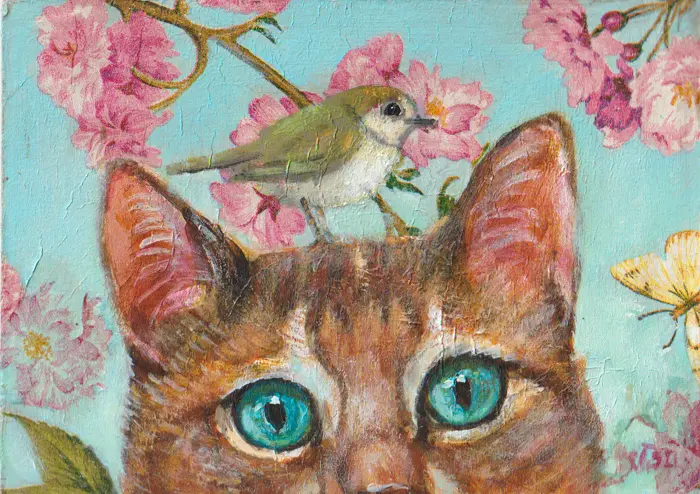 Vilma van den Berg, Kat met vogel, Mixed media on wood in wooden frame, 18x13 cm, €.175,-