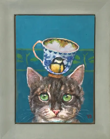 Vilma van den Berg, Kattekop, Acrylic on wood in frame, 22x16 in wooden frame, €.215,-