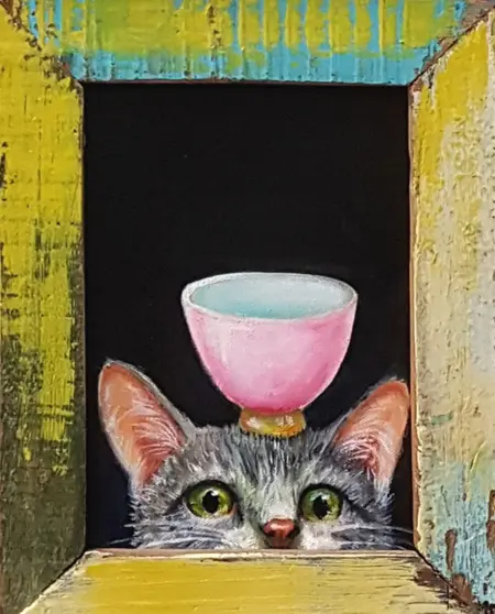Vilma van den Berg, Kattekop, Acrylic on canvas in frame, 22x16 cm, €.215,-