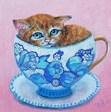 Vilma van den Berg, Kattekop en schotel, 150 euro, Acrylic on panel in wooden frame, 15x15 cm