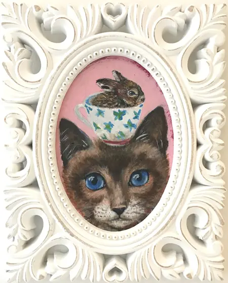 Vilma van den Berg, Kattekop met konijntje, Acrylic on wood in frame, 16x12 cm, €.175,-