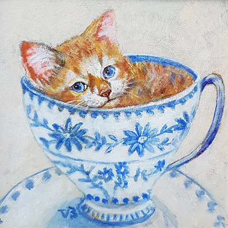 Vilma van den Berg, Kattekopje in Delftsblauw, 175 euro, Acrylic on canvas in wooden frame, 15x15 cm