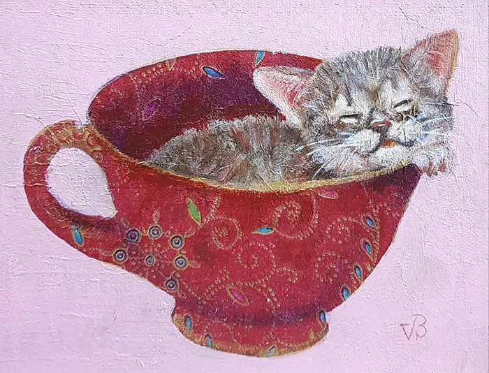 Vilma van den Berg, Kattekopje rood, 150 euro, Acrylic on panel in wooden frame, 15x20 cm