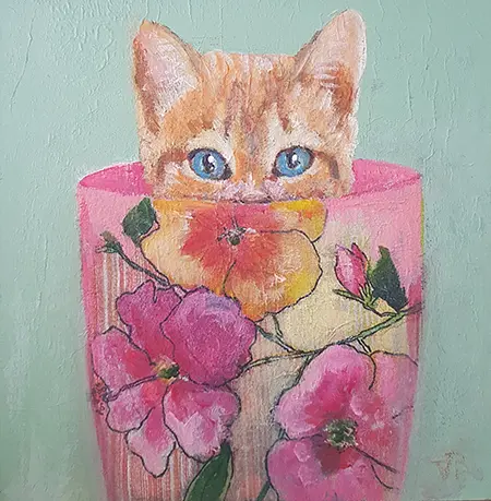 Vilma van den Berg, Kattekopje Roze bloemen, 150 euro, Acrylic on canvas in wooden frame, 15x15 cm
