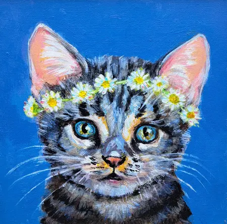 Vilma van den Berg, Kitten met madelief, 165 euro, Acrylic on panel in wooden frame, 15x15 cm