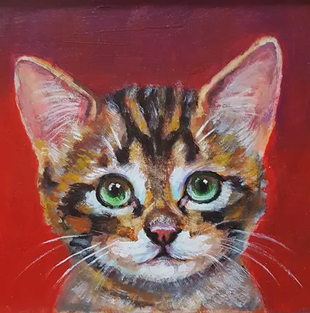 Vilma van den Berg, Kitten rood, 150 euro, Acrylic on panel in wooden frame, 15x15 cm