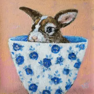 Vilma van den Berg, konijn in delfsblauw kopje, 150 euro, Acrylic on panel in wooden frame, 15x15 cm
