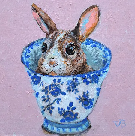Vilma van den Berg, Konijn in kom, 150 euro, Acrylic on panel in frame, 15x15 cm