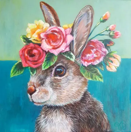 Vilma van den Berg, Konijn met rozen, Acrylic on canvas, 40x40x2 cm, €.395,-