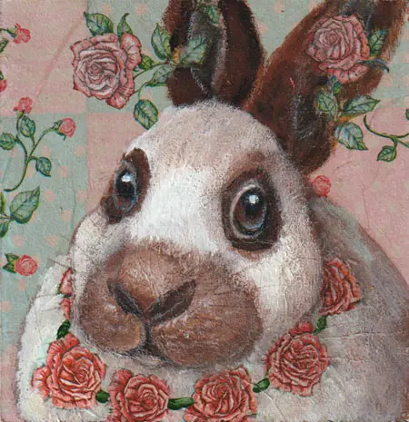 Vilma van den Berg, Konijn met rozenkrans, Acrylic on wood, 15x15 cm, €.65,-