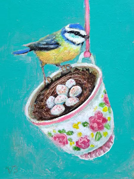 Vilma van den Berg, Kopje Pimepelmees met eitjes, 210 euro, Acrylic on panel in frame, 15x20 cm