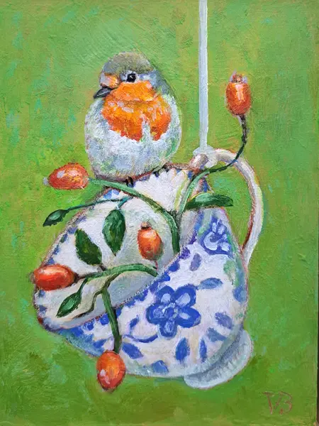 Vilma van den Berg, Kopje Roodborst met eitjes, 210 euro, Acrylic on panel in frame, 15x20 cm